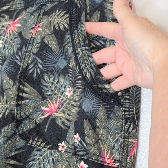 Intro Black & Green Tropical Floral Linen Cropped Flat Pocket Pants Size 14 - Picture 5 of 11